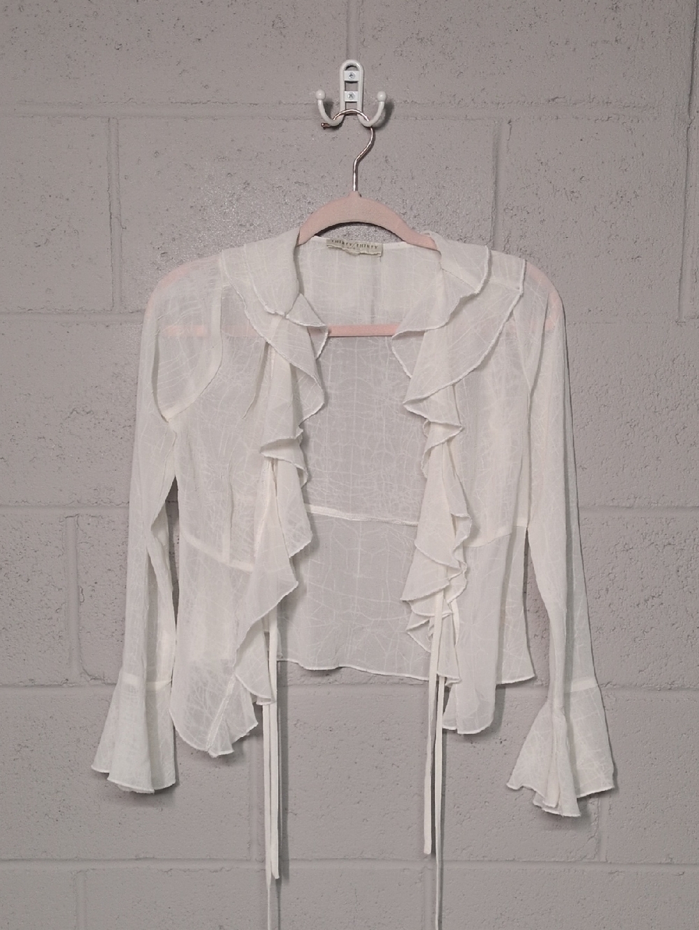 Sheer Lightweight Ivory Ruffle Trim Tie-Front Blouse Size XS, Bohemian, Romantic - Picture 2 of 8